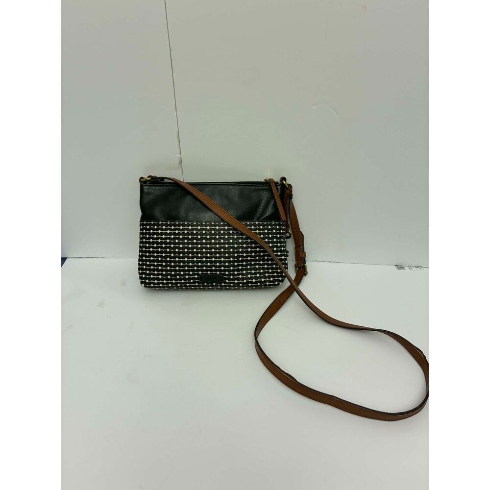 Fossil Black Leather & Canvas Crossbody Bag Patterned Front Zip Adjustable Strap